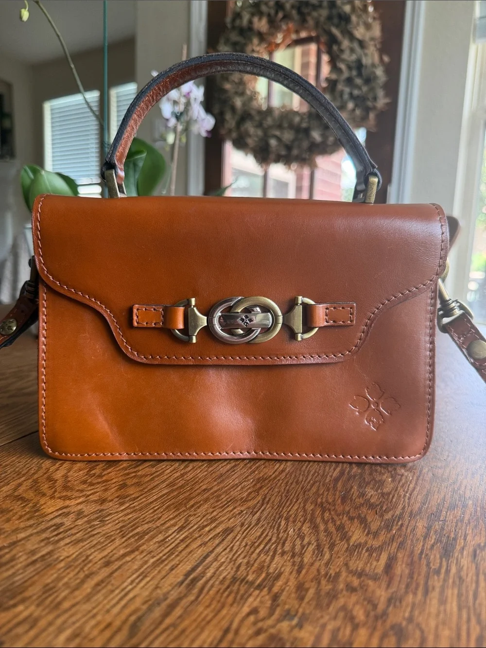 Patricia Nash Authentic Leather Heritage PORCILI Tan Top Handle Crossbody Bag